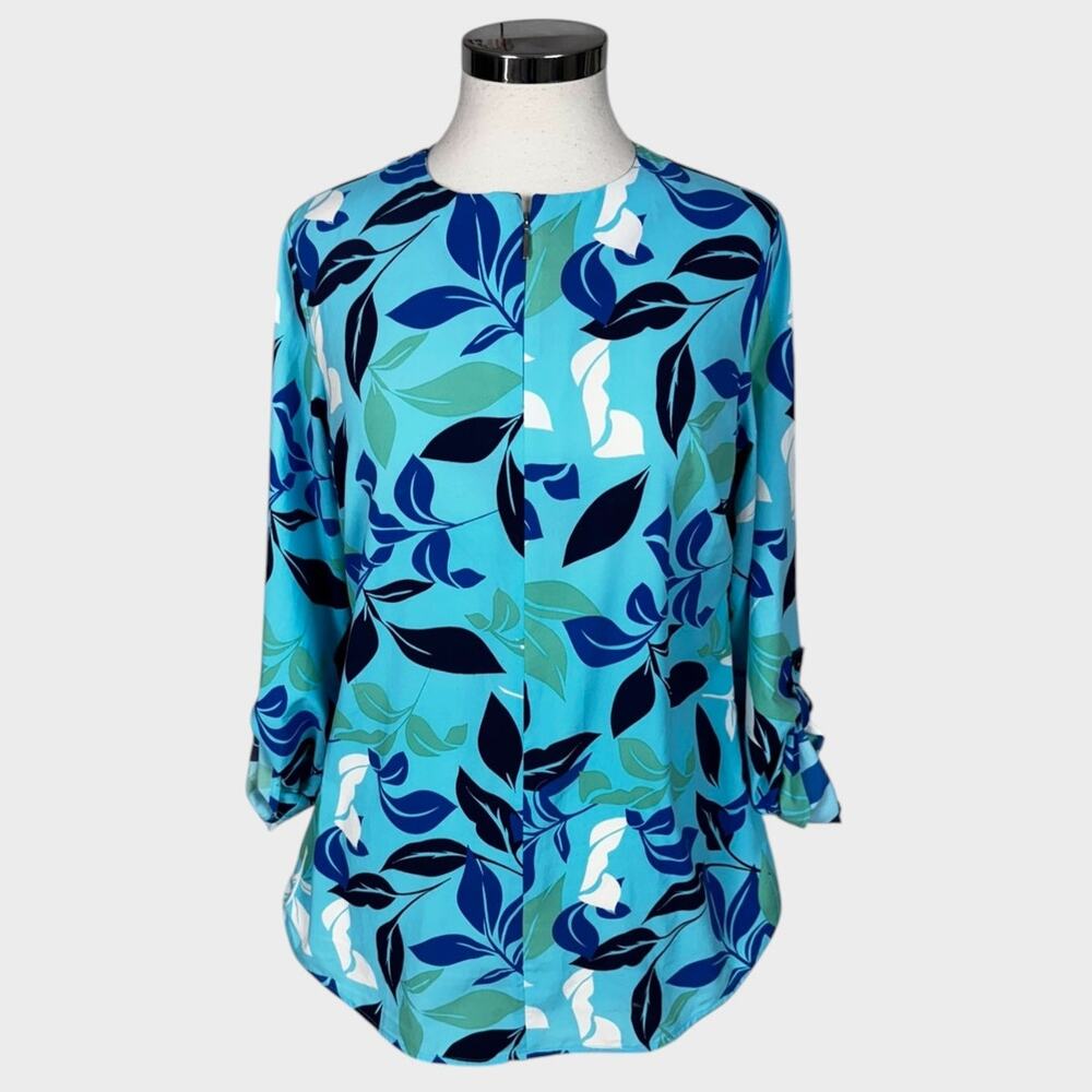 Coolibar XS 50+ UPF Blue Green White Floral Chamboard Tunic Top Ruched Sleeves